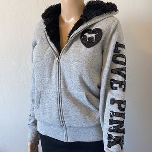 🖤PINK Victoria’s Secret Faux Fur Bling Sequin Zip-Up Hoodie / Size S🖤